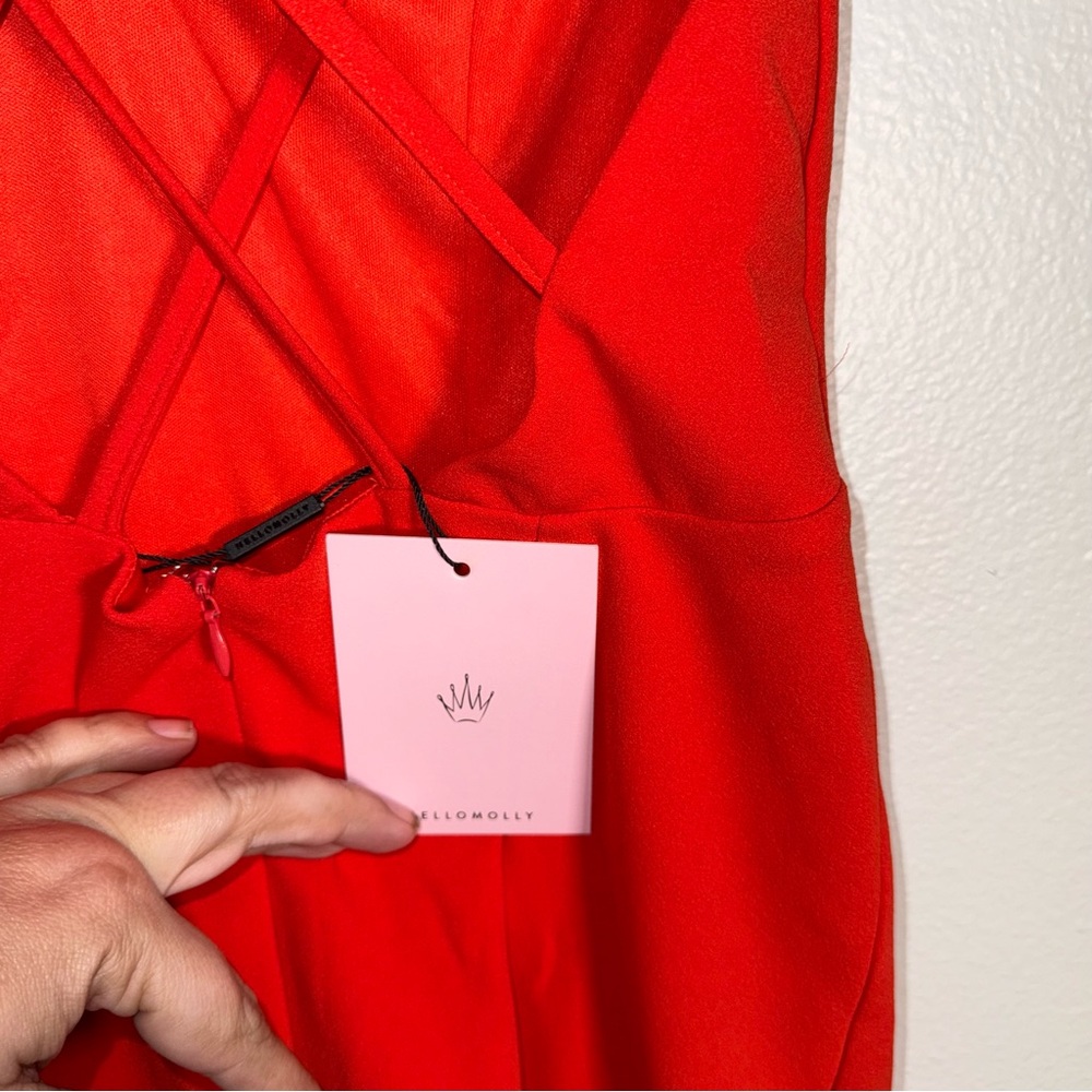 NWT HELLO MOLLY Cherry Limeade neon bodycon cross strap tangerine mini dress M - Picture 8 of 9